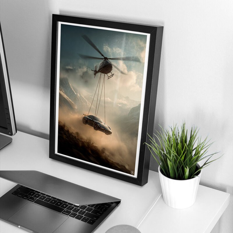 Porsche 911 Hnaging with Helicopter – Aerial Digital Art