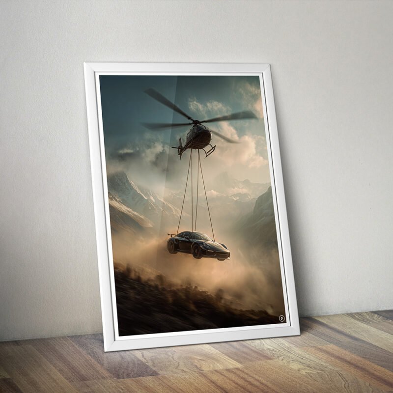 Porsche 911 Hnaging with Helicopter – Aerial Digital Art