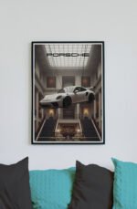 Porsche in room flying digital art