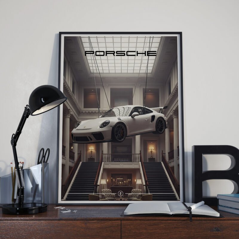 Porsche in room flying digital art