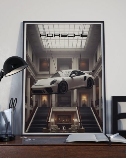 Porsche in room flying digital art