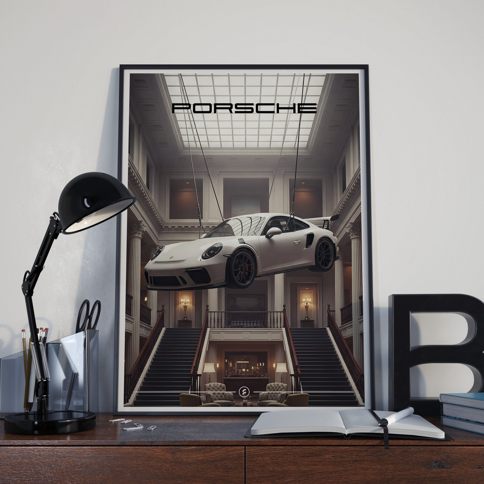 porsche -14 Porsche in room flying digital art