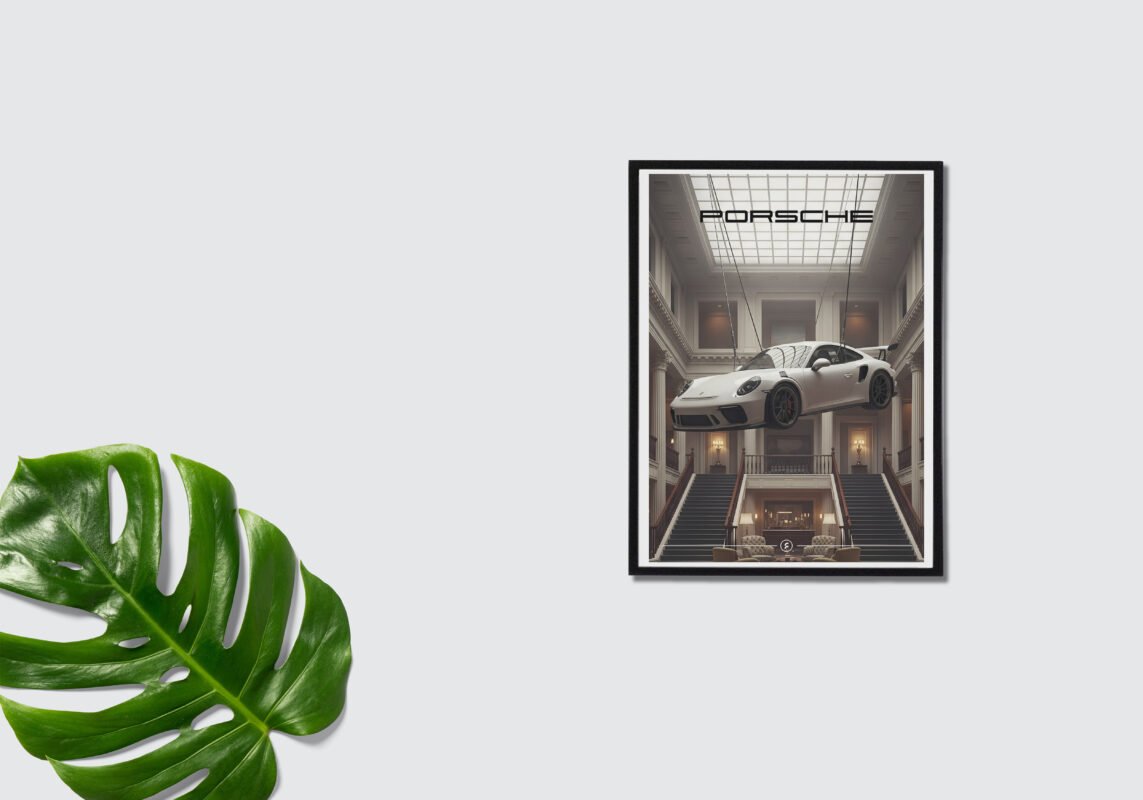 Porsche in room flying digital art