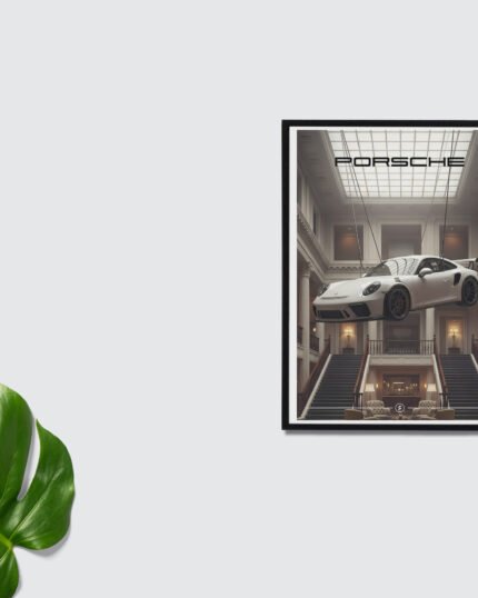Porsche in room flying digital art